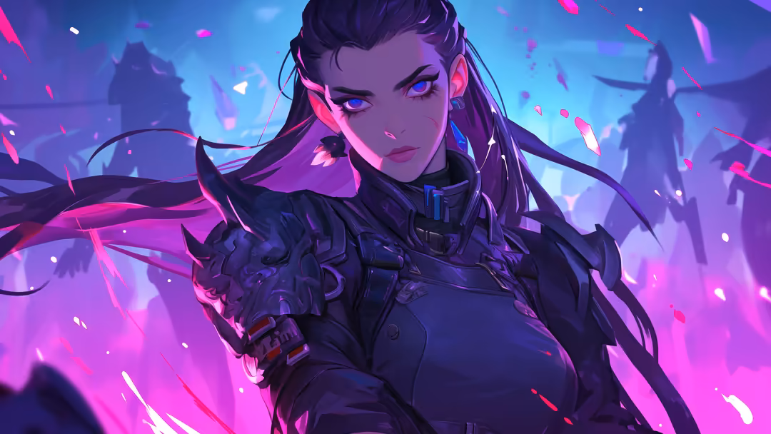 Reyna from Valorant in neon cyberpunk style with glowing purple and magenta lighting, dramatic pose with flowing hair and tac