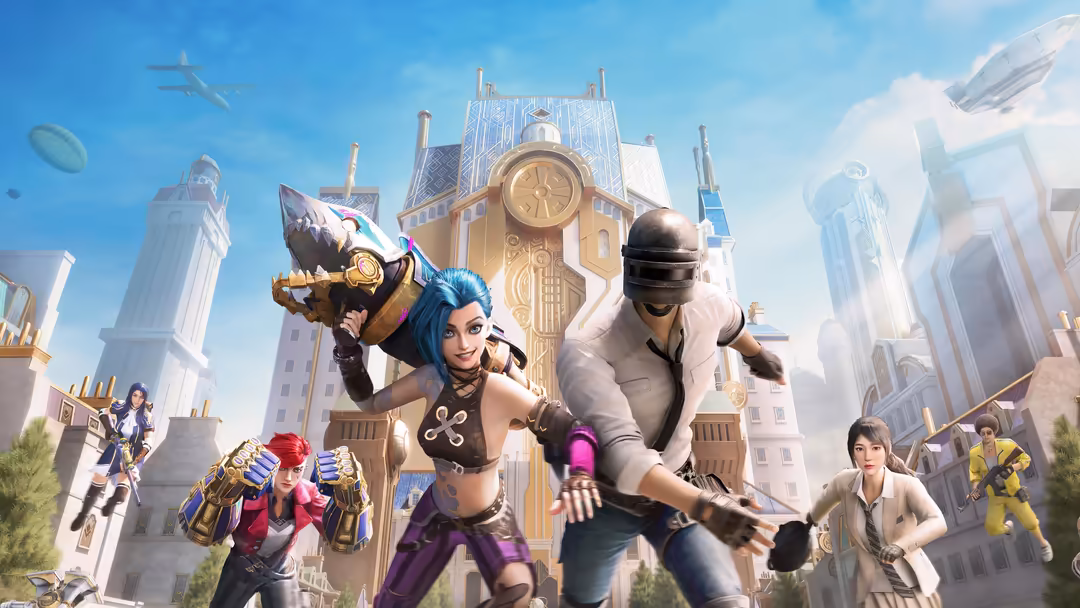 Dynamic PUBG characters in action poses against a futuristic cityscape with towering buildings, airplanes, and glowing archit