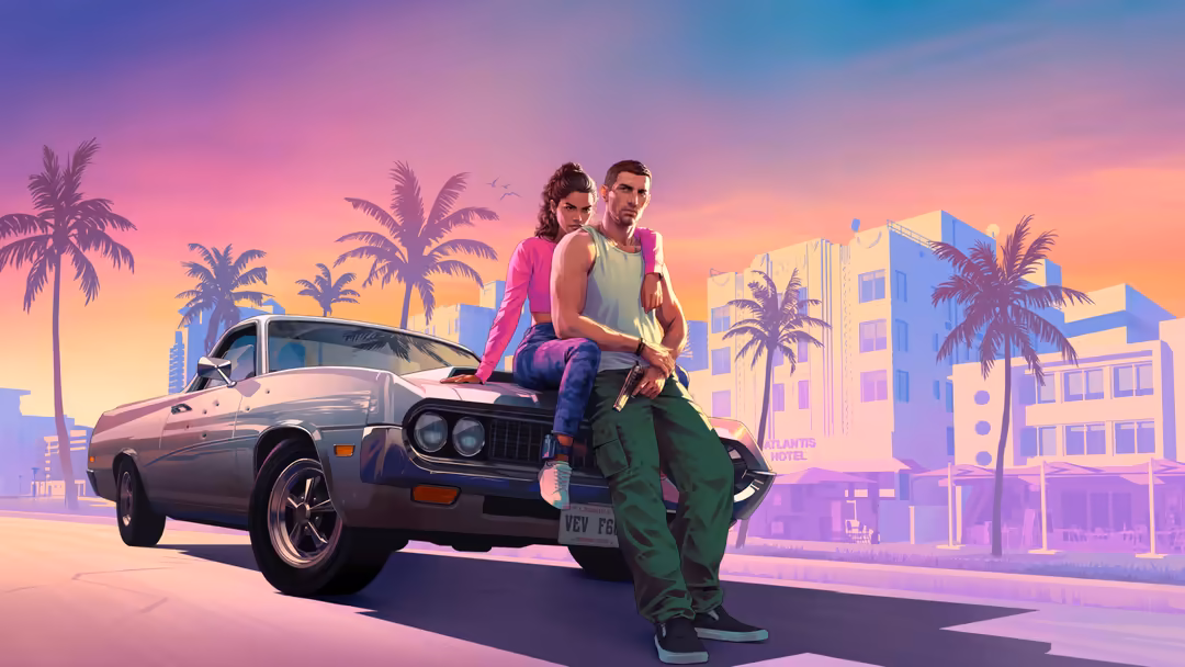 Two characters posing on a classic muscle car in a vibrant neon Miami setting with palm trees, pastel buildings, and a sunset