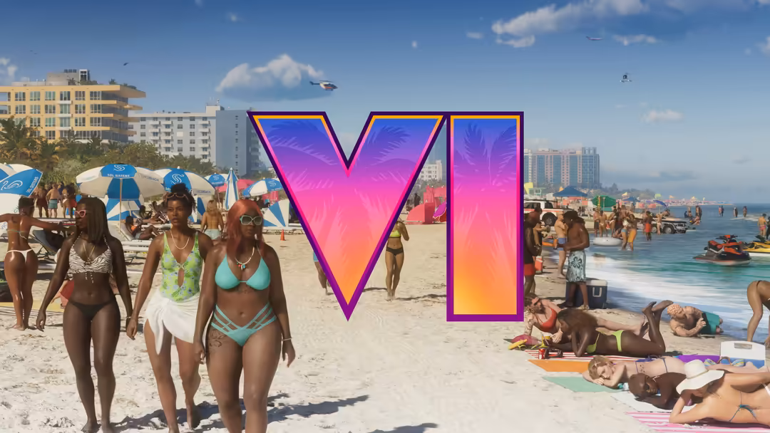 Vibrant neon GTA VI logo overlays a crowded beach scene with colorful gradient effects and modern cityscape in background