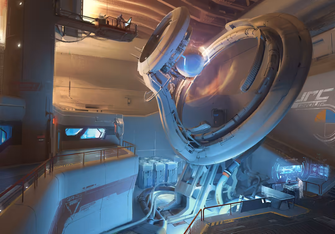 Futuristic space station interior with glowing blue and orange lights, massive circular mechanical structures, metal walkways