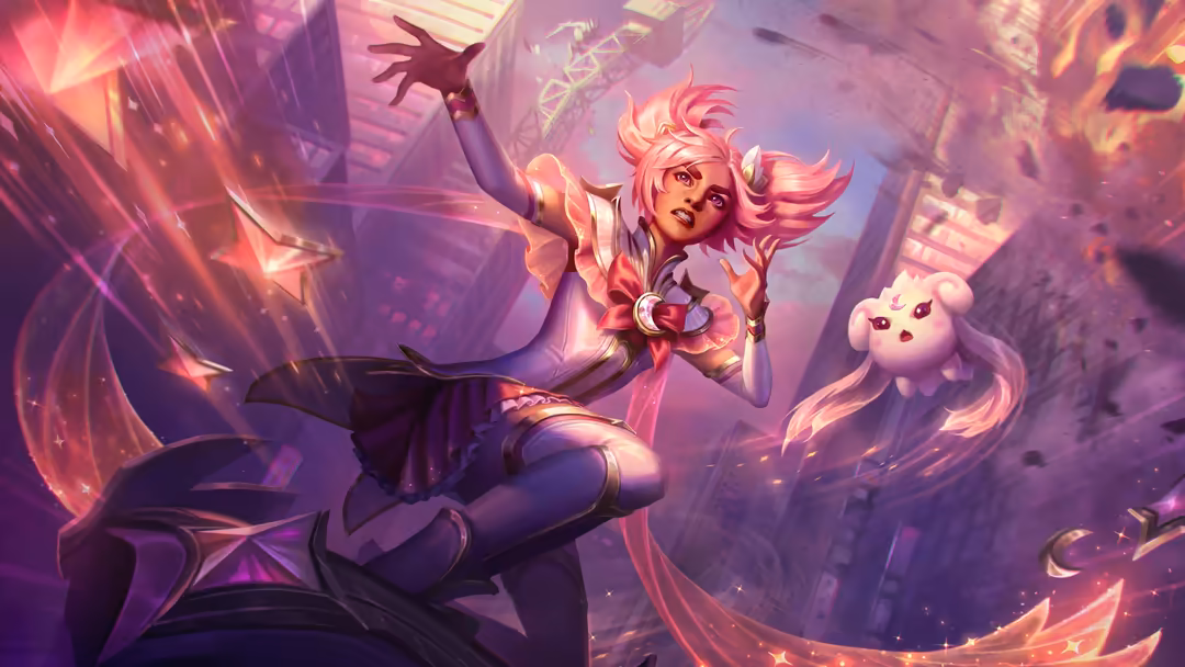 Animated female champion with pink hair wielding fire magic, surrounded by glowing purple and red energy effects in a fantasy