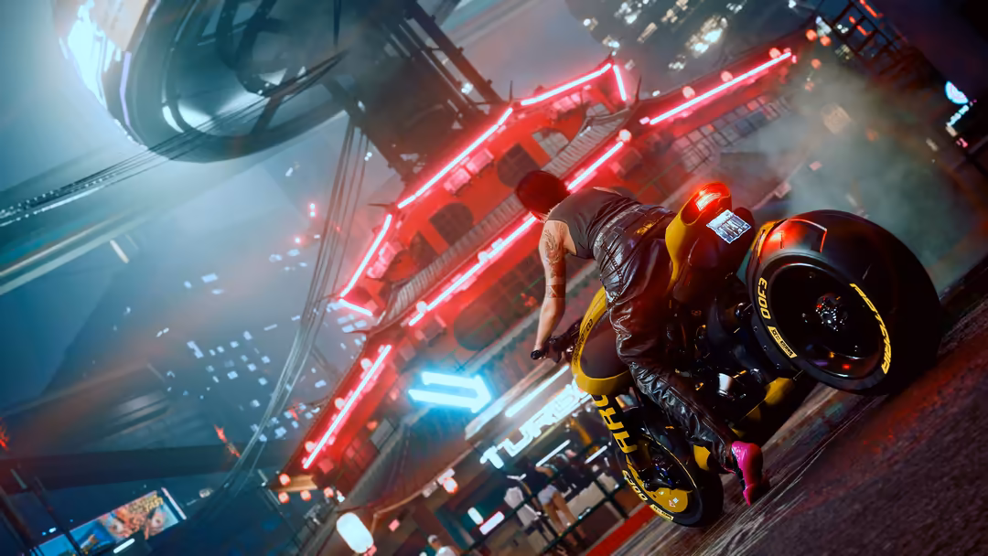 Futuristic cyberpunk scene with a rider on a sleek motorcycle speeding through neon-lit city streets, glowing red signs and b