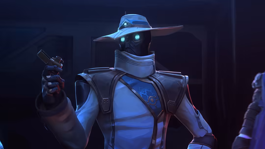 Cypher from Valorant wearing blue tactical armor with a wide-brimmed hat and glowing eyes, holding a device against dark back