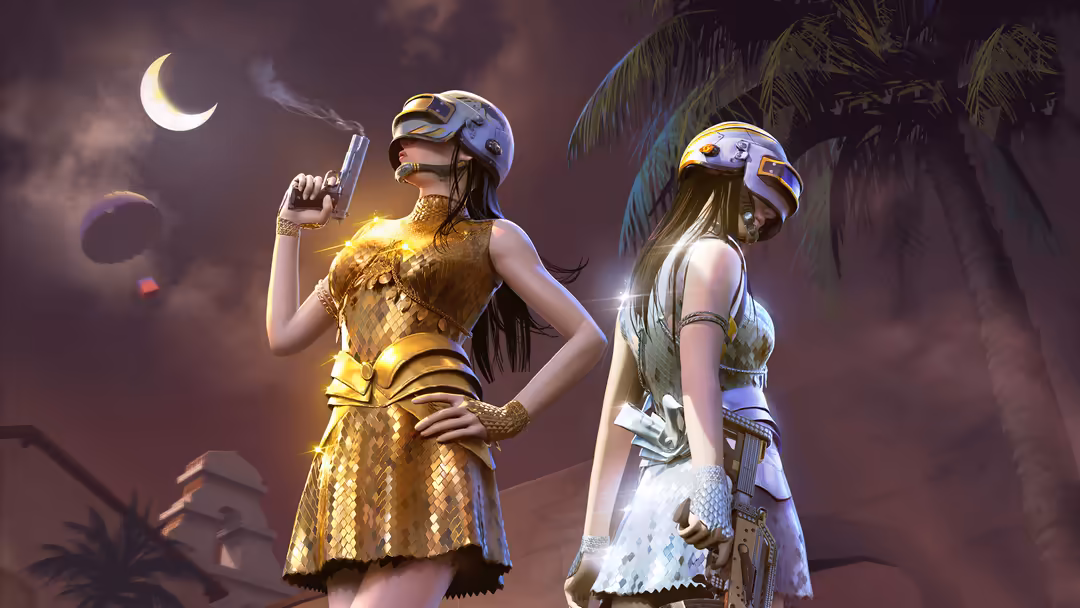 Two female PUBG characters in tactical gear stand under moonlight in a desert landscape with palm trees and golden atmospheri