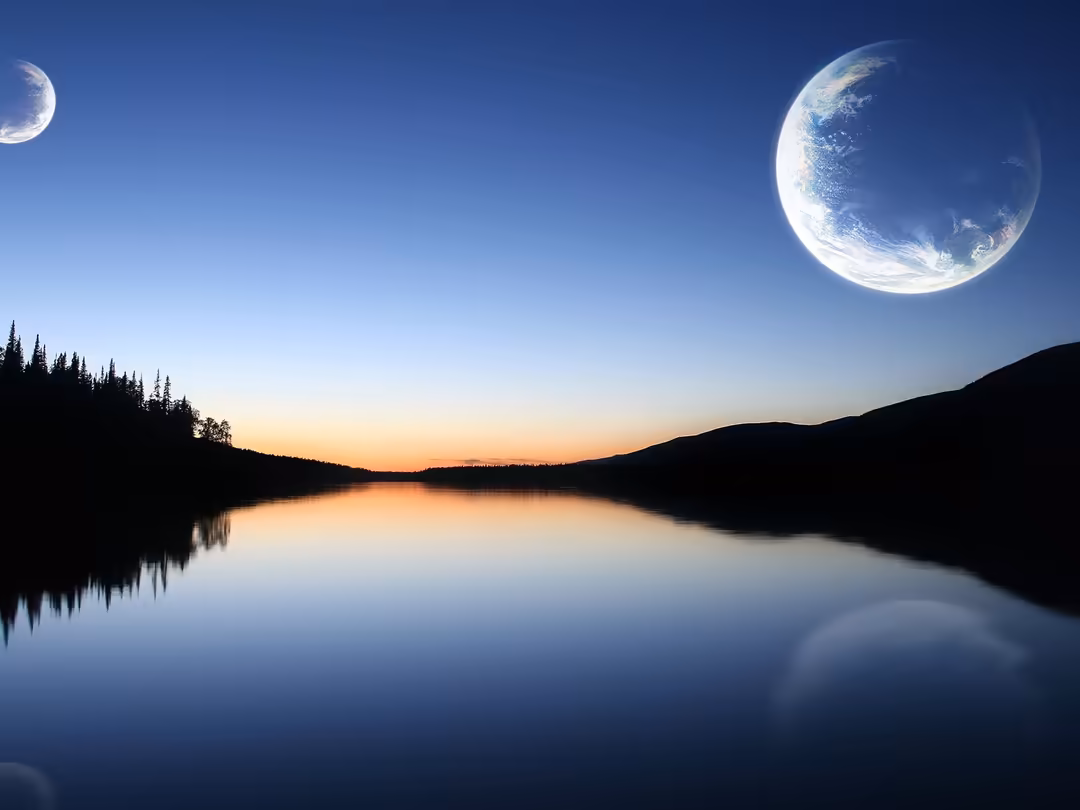 Twin glowing moons reflecting over a serene alpine lake at twilight with forested mountains silhouetted against a blue gradie