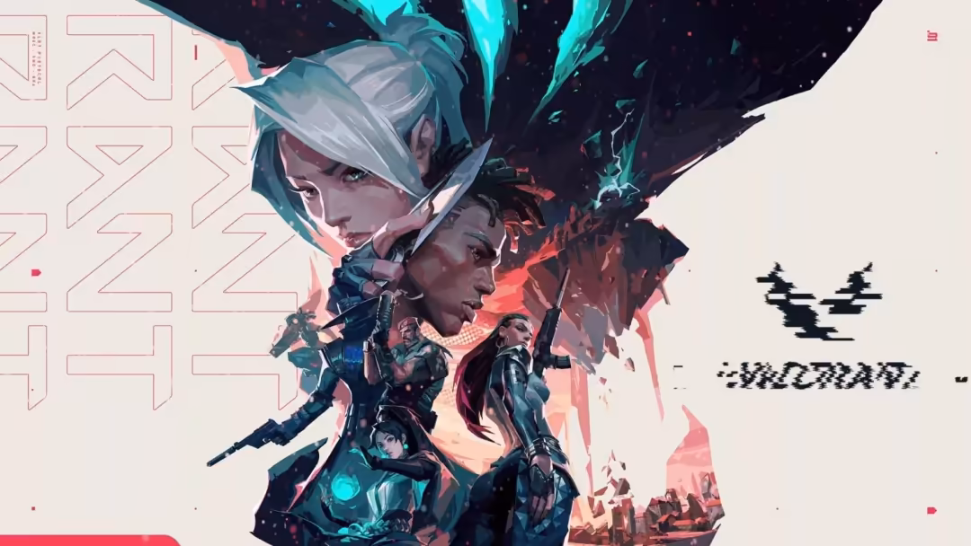 anime-style video game characters with white and teal hair surrounded by cyan and pink glowing effects, geometric shapes,…