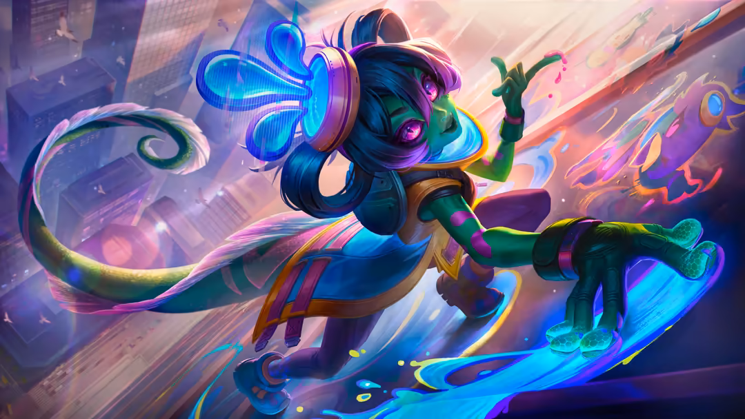 Vibrant neon illustration of Neeko, a colorful gaming character with blue headphones, green tail, and glowing cyan accents in