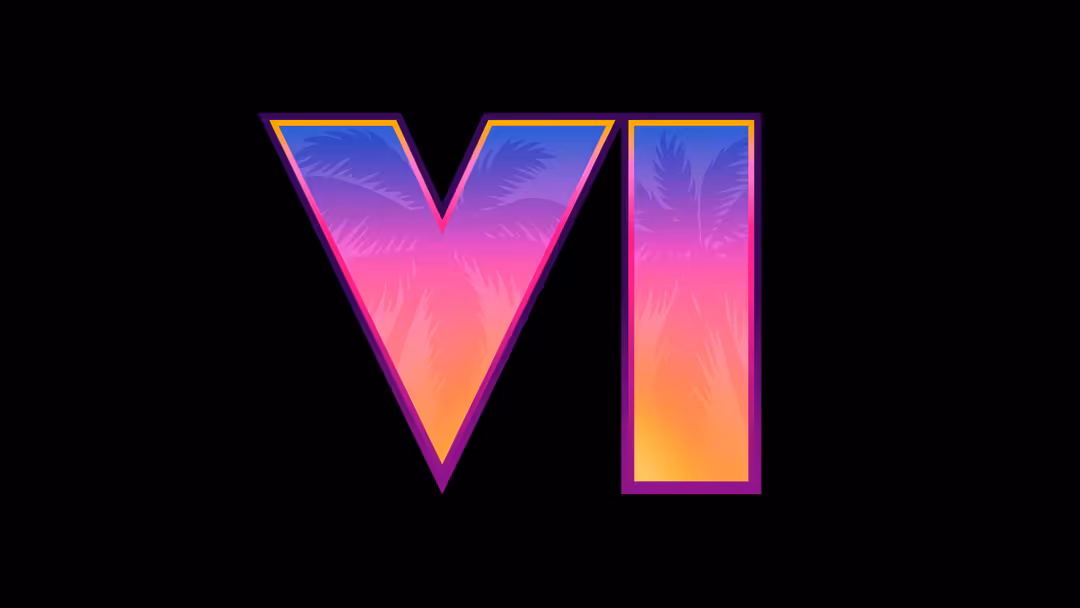 Vibrant neon VI letters with gradient blend from blue and purple to pink and orange on black background with feather texture