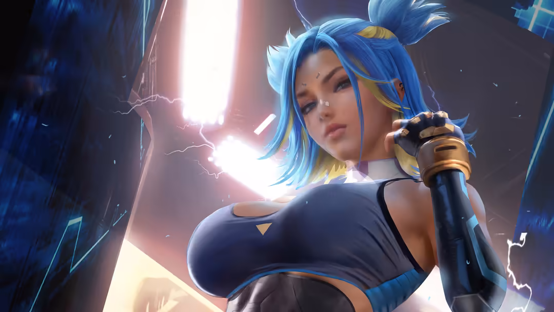 Stylized female character with blue and gold hair wielding a futuristic weapon, surrounded by neon lighting and electric effe