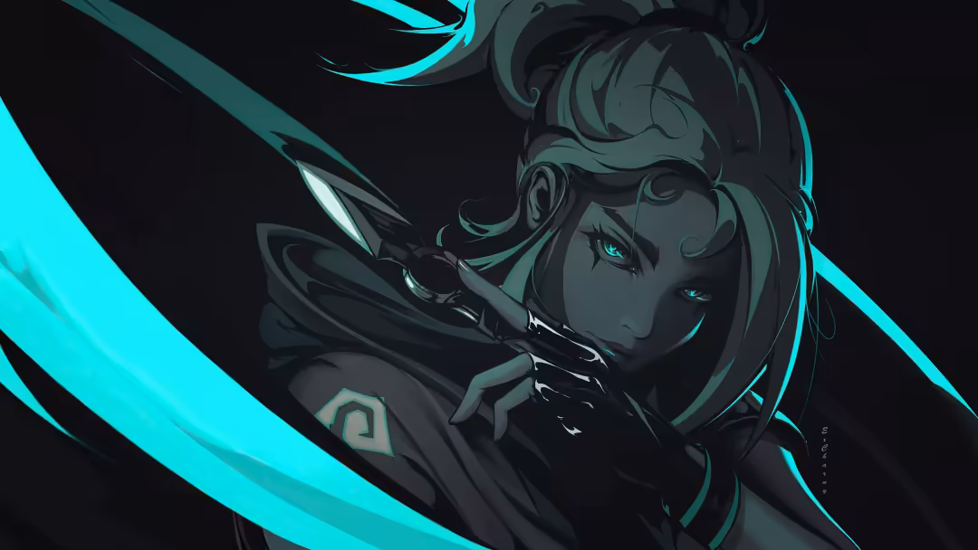 Anime-style character with glowing cyan eyes and dark hair against a black background with bright cyan diagonal streaks and…
