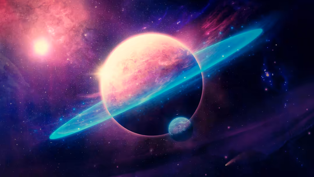 A glowing ringed planet with turquoise rings and a smaller moon orbiting in a vibrant cosmic nebula with purple and pink ener