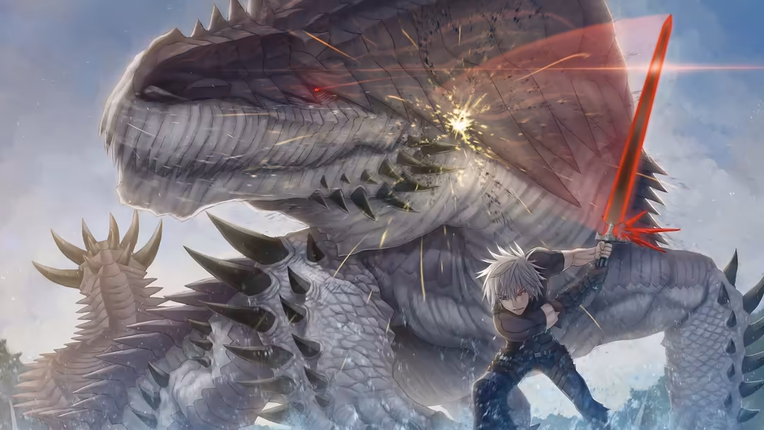 Anime warrior with white hair wielding a glowing red sword against a massive dragon with scaled armor in an epic fantasy batt
