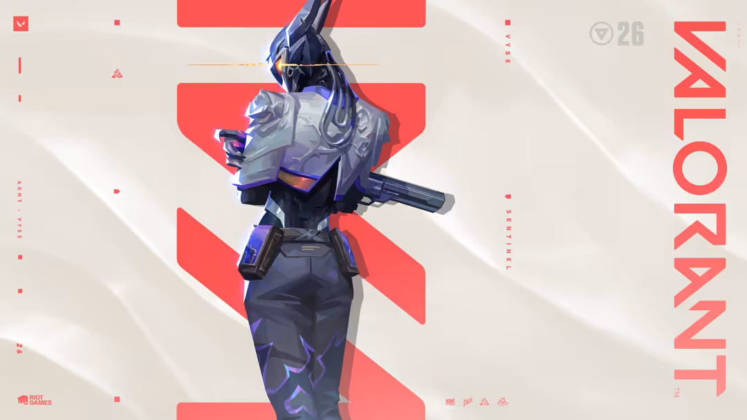 Vyse from Valorant standing in tactical gear with weapon, bold red geometric design elements and cyberpunk aesthetic backgrou
