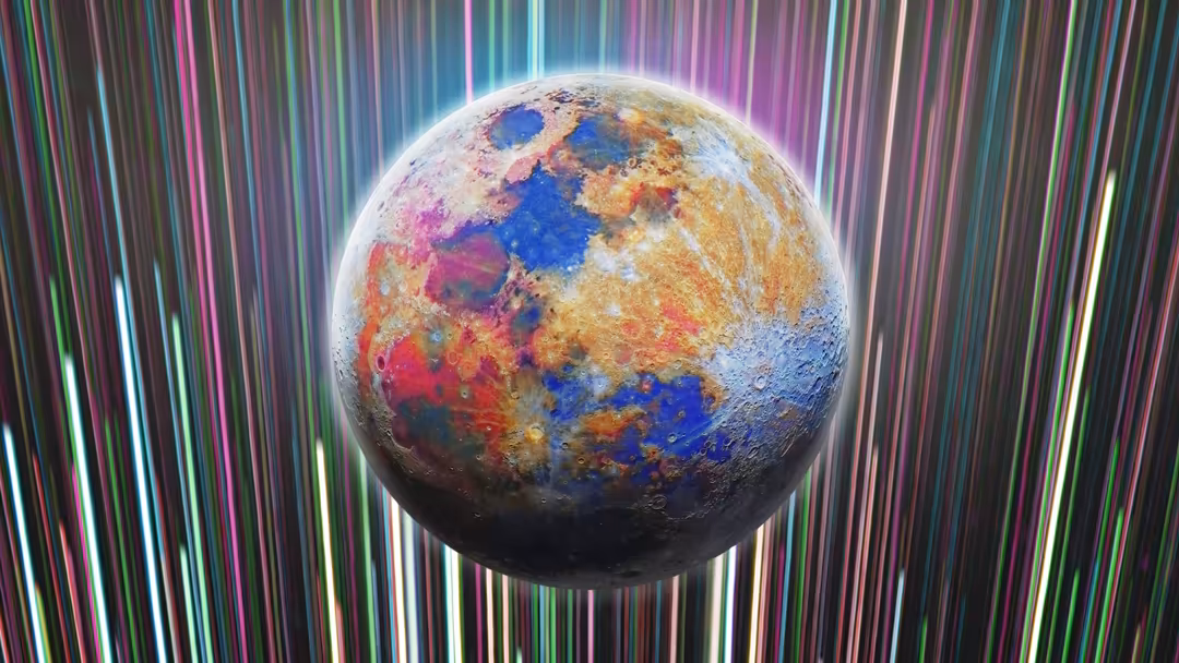 Vibrant moon with multicolored surface featuring blues, pinks, and golds, surrounded by glowing neon light streaks in a cyber
