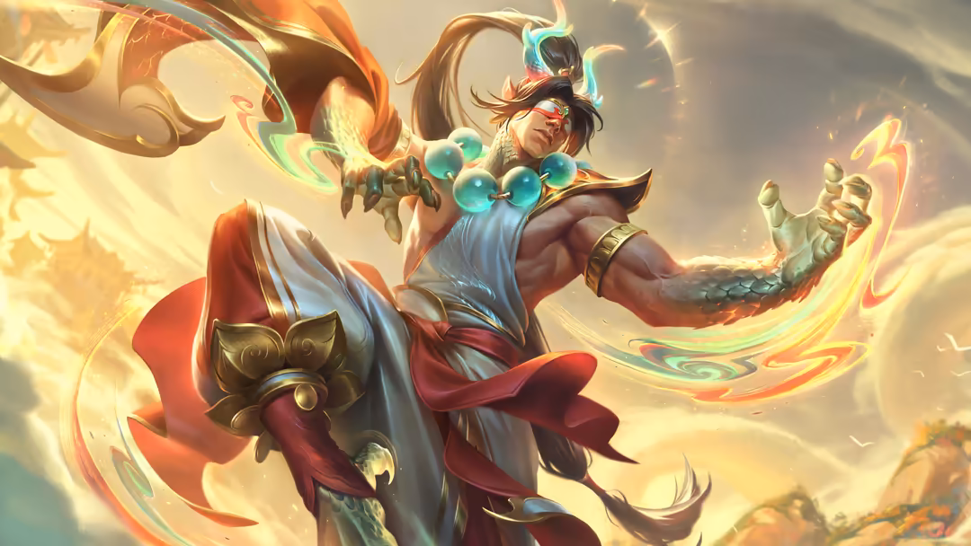 Heavenscale Lee Sin character surrounded by glowing golden and turquoise magical energy, wielding divine power with dramatic