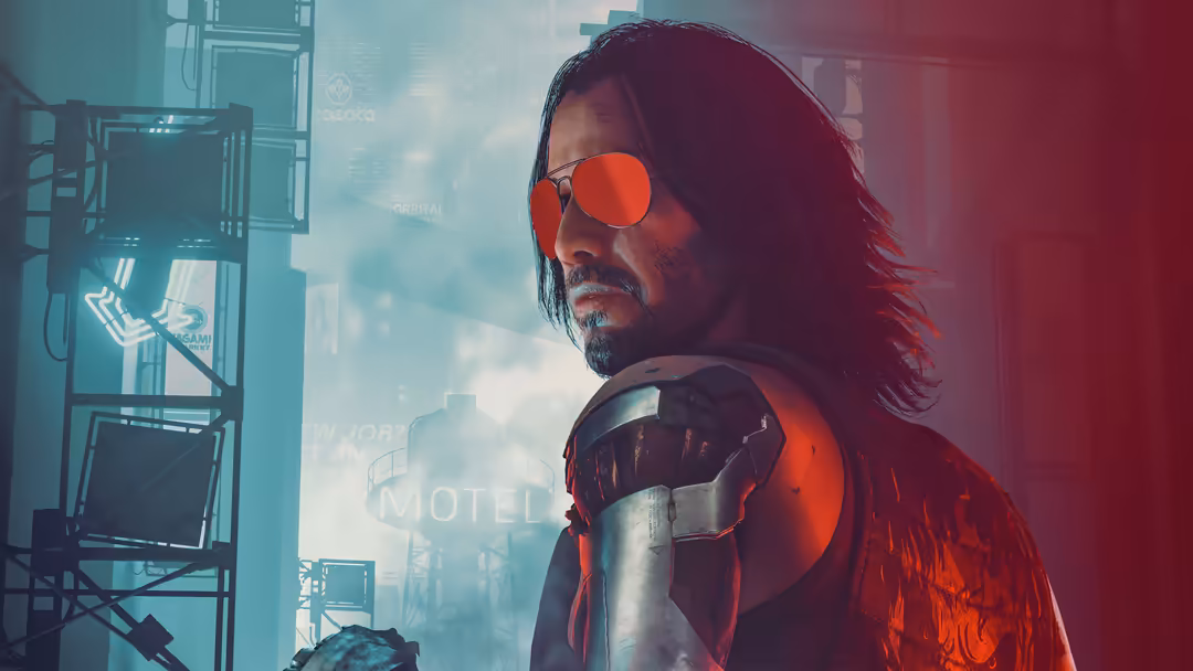 Man with long dark hair wearing red-tinted sunglasses and boxing gloves in a neon-lit cyberpunk cityscape with cyan and red a