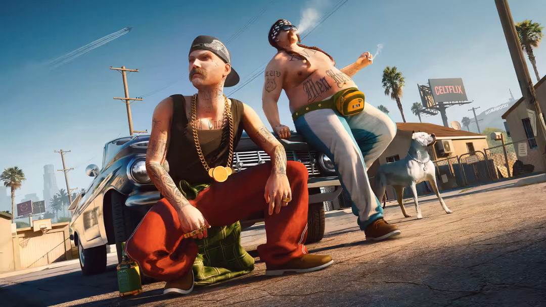 Two tattooed characters posing by a vintage car in a desert landscape with palm trees and a clear blue sky in a video game sc