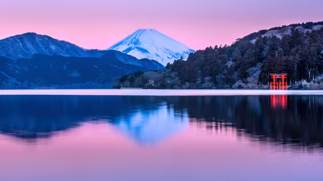 Mount Fuji Red Torii Lake Reflection