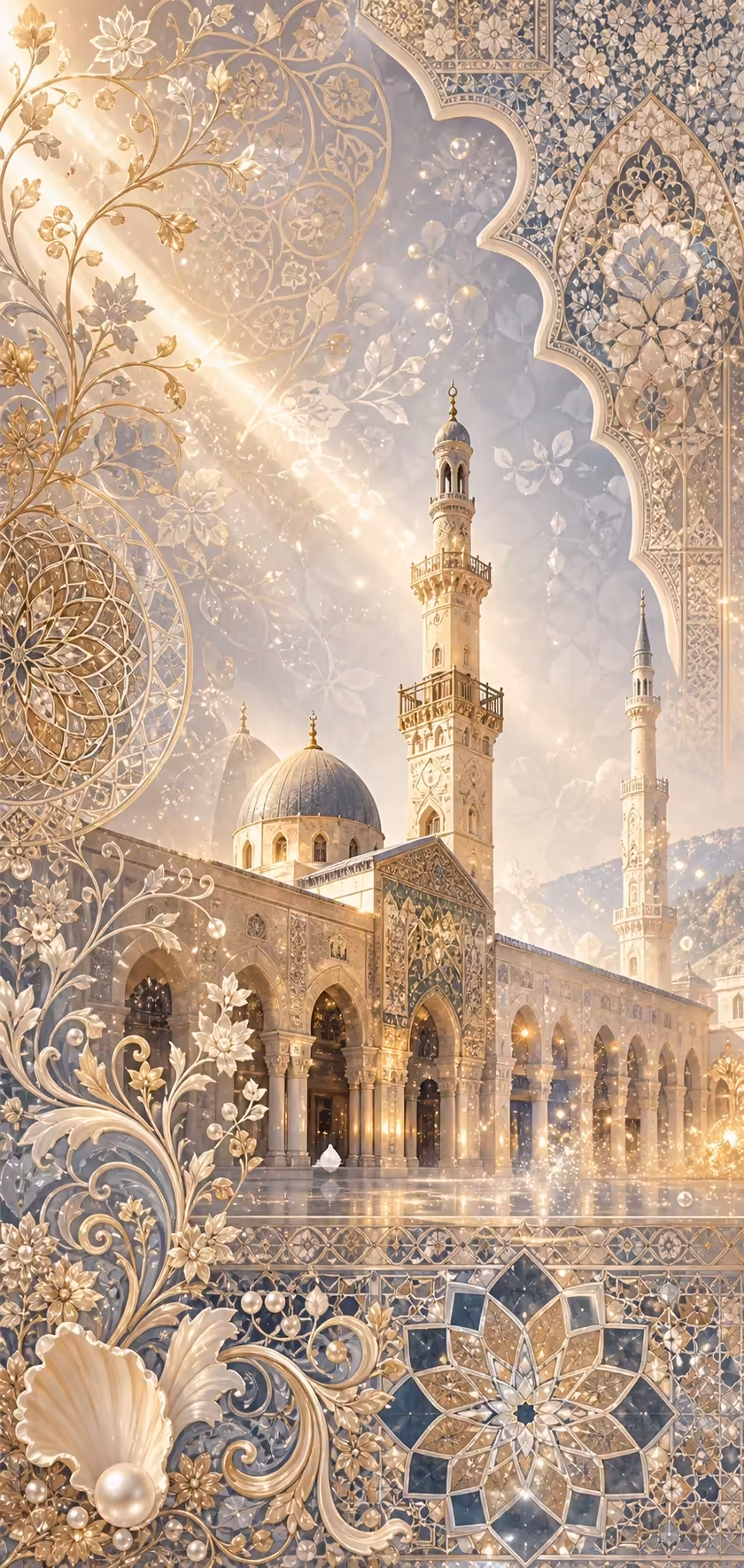 Ornate Islamic mosque with golden dome and minaret surrounded by intricate floral patterns and geometric designs in cream and