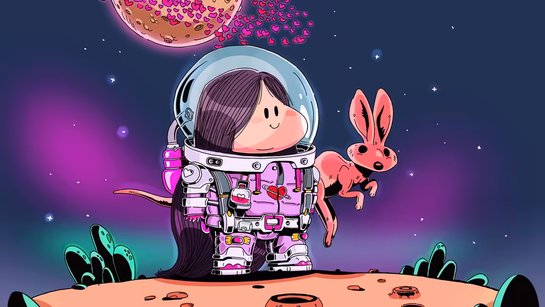 Whimsical astronaut in pink spacesuit on moon surface with glowing heart planet and cute red rabbit companion among neon plan