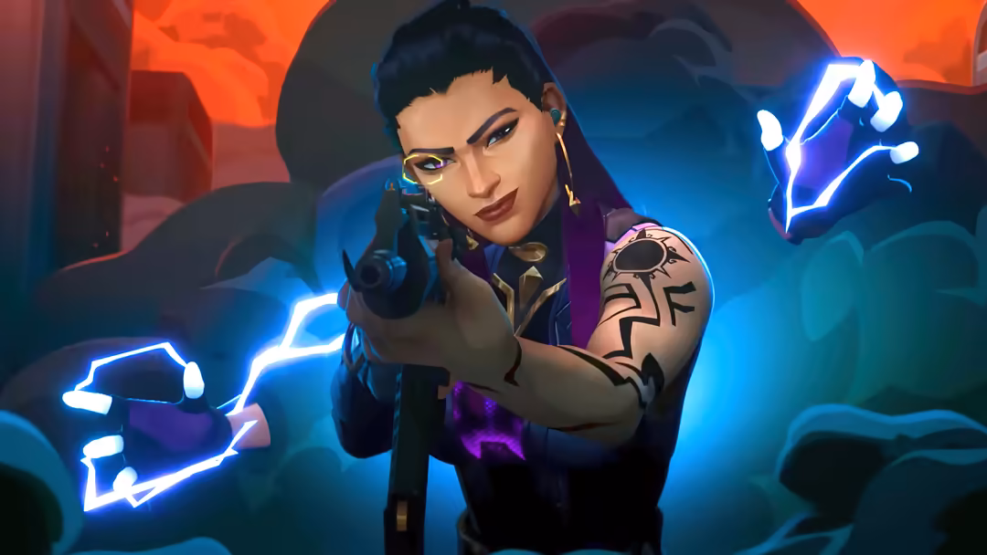 Reyna from Valorant with glowing blue neon energy powers, black short hair, tactical gear, and tribal tattoo on her arm