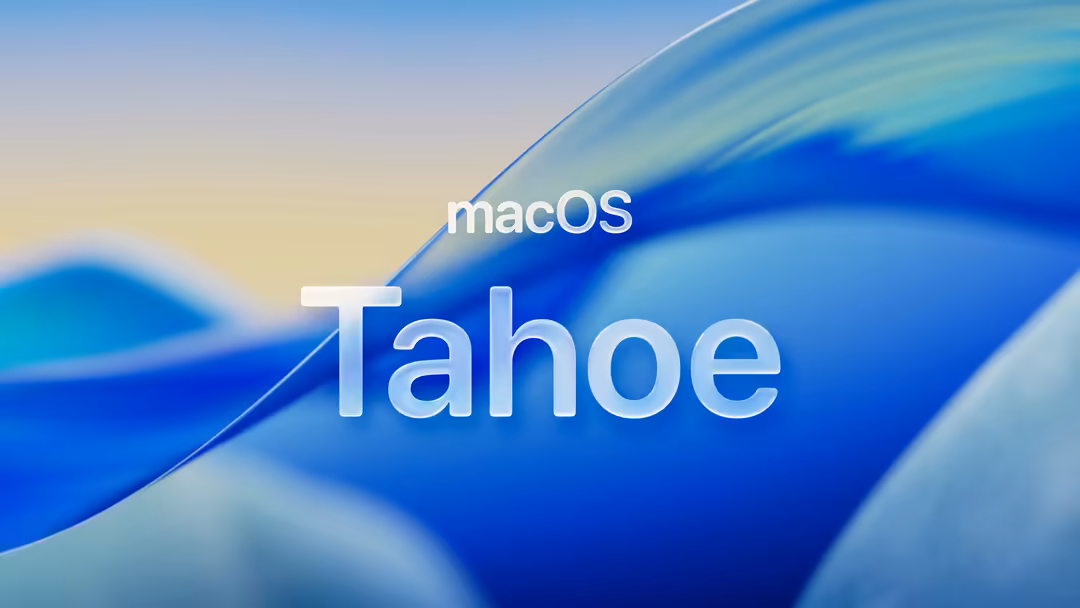 Abstract blue fluid wave design with smooth gradients flowing across the composition, featuring macOS Tahoe branding text ove