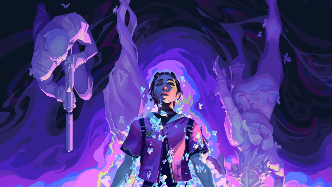 Valorant character Clove surrounded by glowing neon purple energy and mystical spirits in a cyberpunk-inspired digital art st