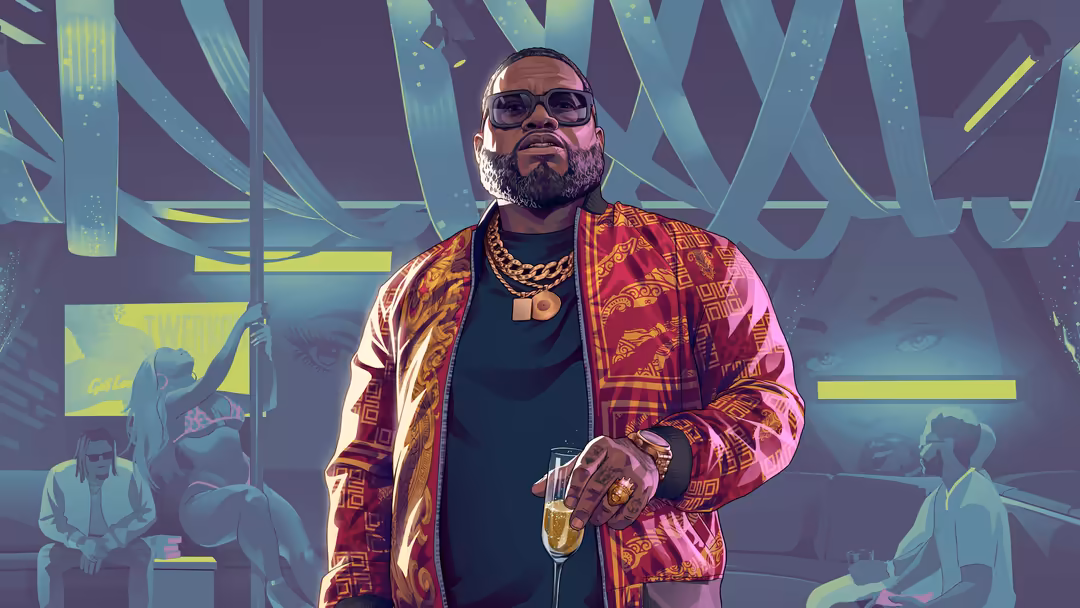 Man in sunglasses wearing ornate red and gold jacket holding champagne glass in neon-lit nightclub with glowing digital displ
