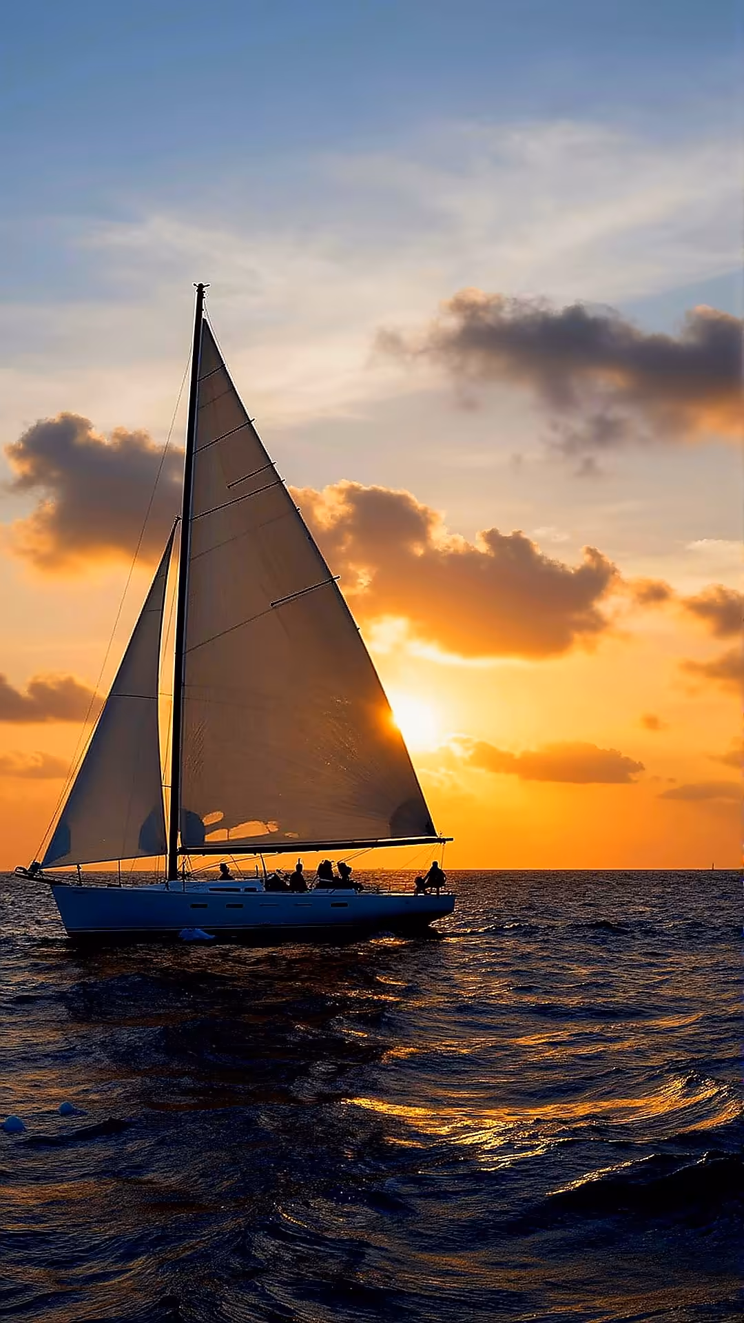 A blue sailboat with dark sails glides across calm ocean waters during a stunning golden sunset with dramatic clouds