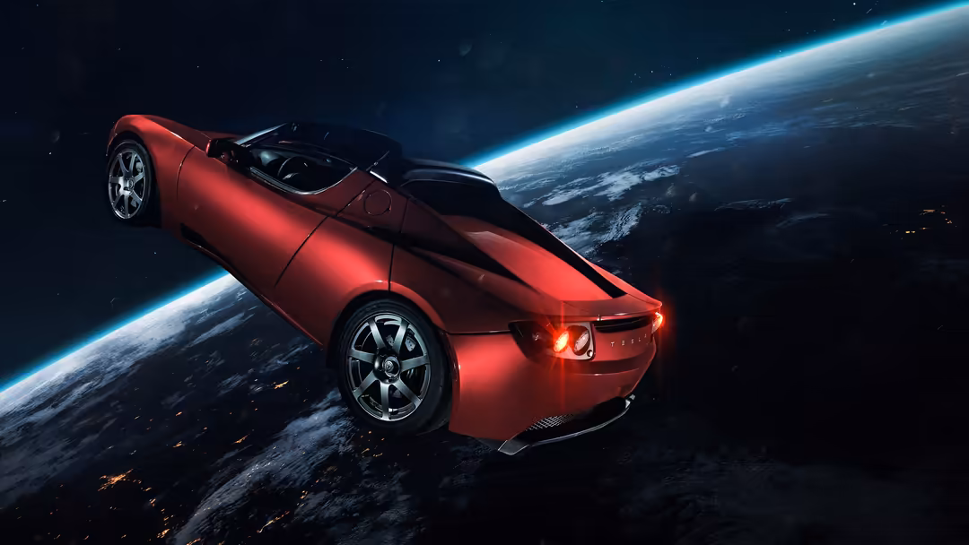 Red Tesla Roadster floating in space with Earth in the background, illuminated by a bright atmospheric glow and starfield