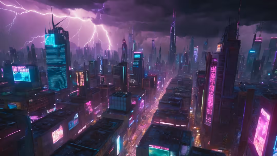 Futuristic cyberpunk city skyline with towering neon-lit buildings, glowing cyan and magenta signs, dramatic purple lightning