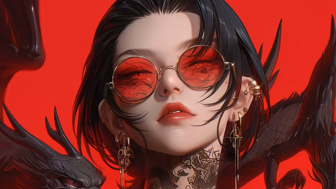 A pale-faced girl with black hair and red-tinted round glasses against a vibrant red background, wearing dark feathered eleme