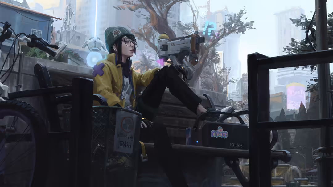 Killjoy character from Valorant sitting on a bench in a futuristic cyberpunk city with neon lights and technology
