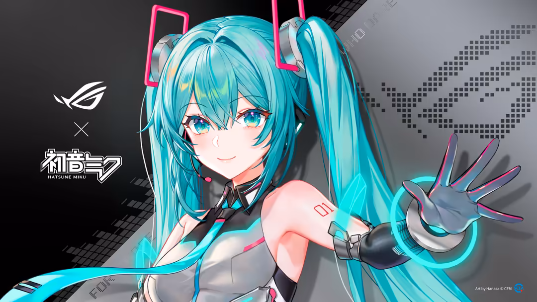 Anime girl with turquoise twin-tails and neon pink headphones against a dark cyberpunk-themed background with gray geometric