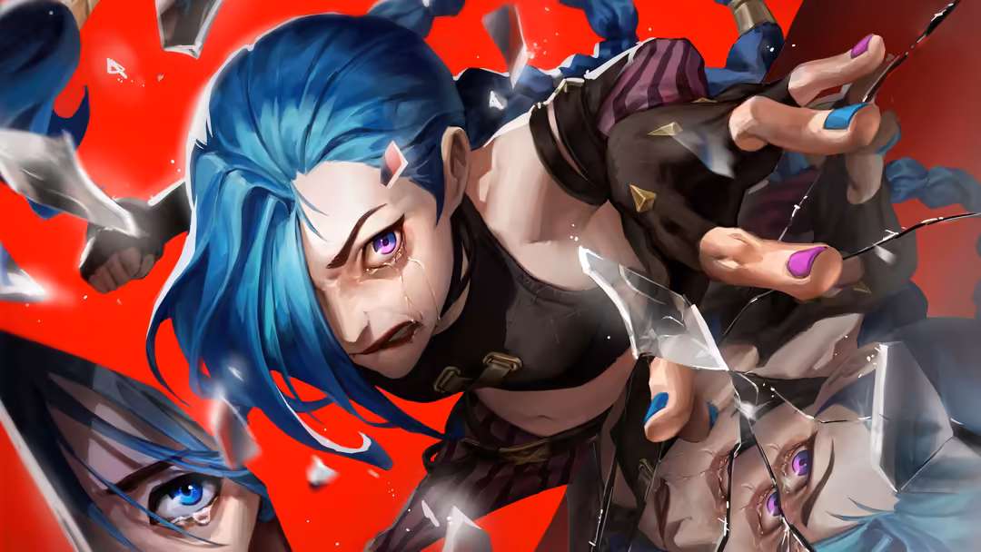 Animated character with vibrant blue hair and purple eyes, wielding weapons against a dramatic red and blue background with e