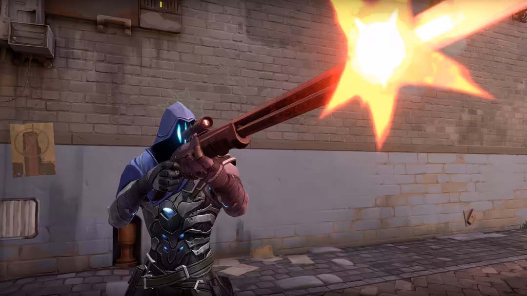 Armored character in blue and purple suit firing glowing energy rifle with bright explosive burst against brick wall backdrop