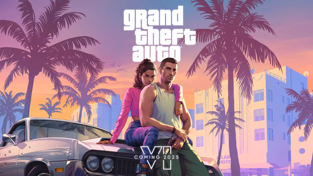 GTA VI promotional art featuring two characters posing on a car with neon sunset backdrop, palm trees, and colorful Miami-ins