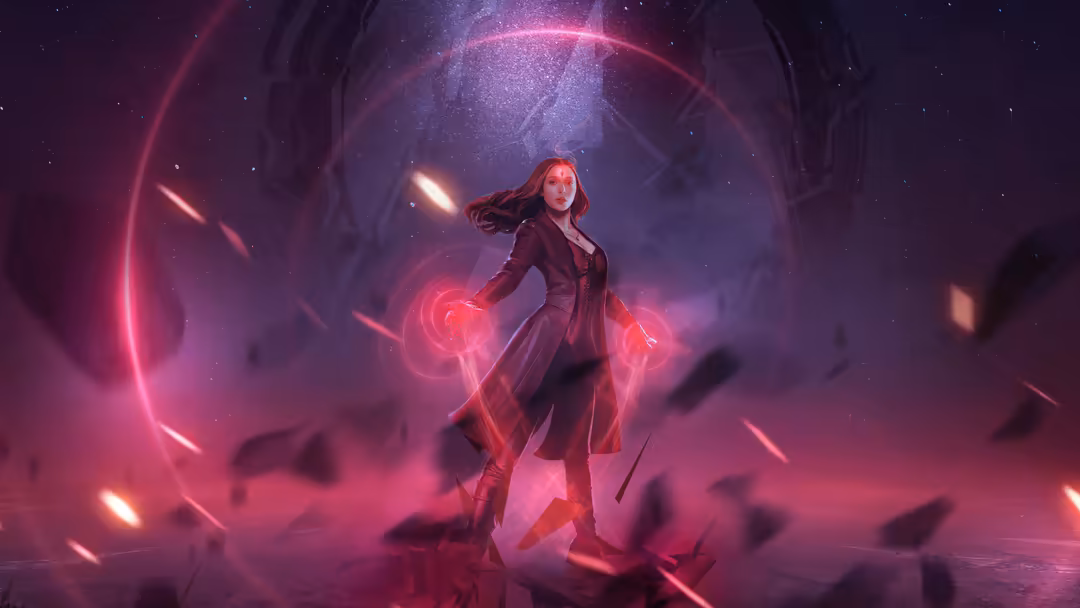Woman with flowing red hair surrounded by glowing red cosmic energy and magical auras in a mystical purple-tinted cave-like s