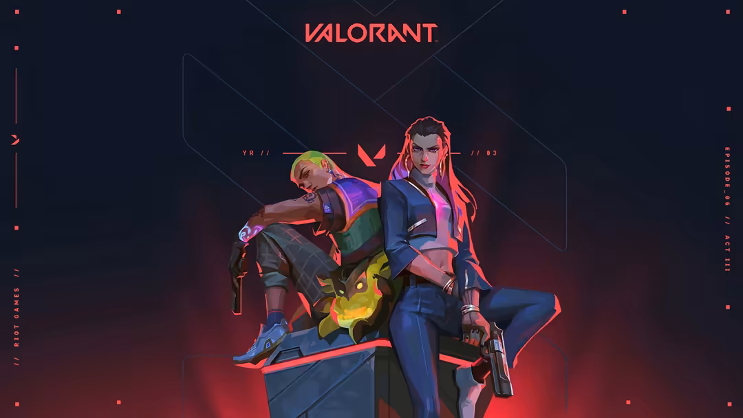 Valorant game characters Gekko and Reyna posing with weapons against dark red and neon background with geometric design eleme