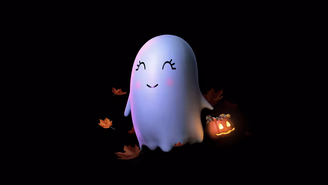 friendly ghost with closed eyes and rosy cheeks glows in pink and blue against black background, surrounded by autumn leaves…