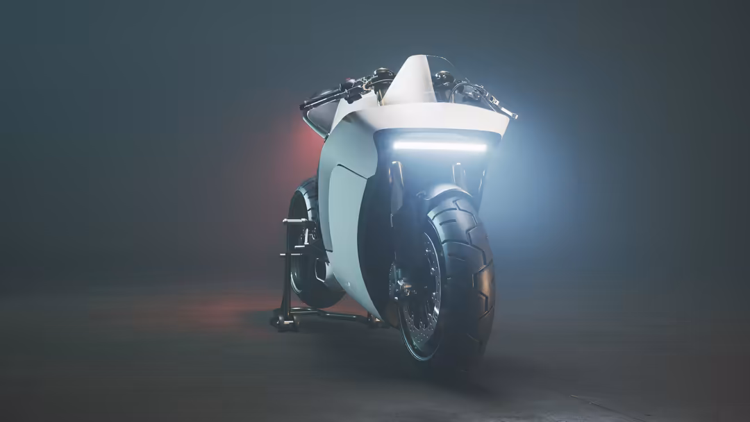 Futuristic motorcycle with sleek white fairing and glowing neon lights against dark atmospheric background with red and blue