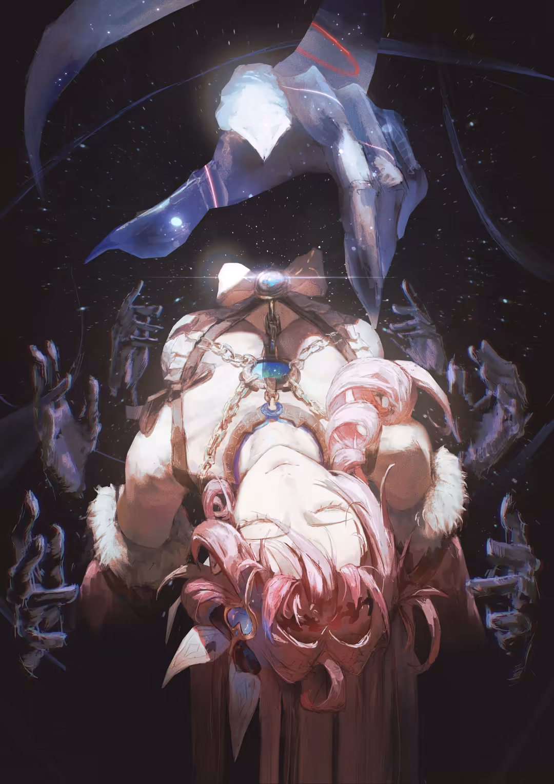 Ethereal anime character Denia surrounded by glowing cosmic energy and celestial light against a starlit dark background with