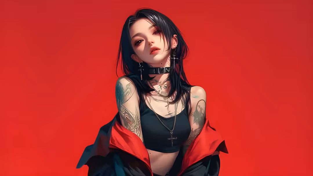 Tattooed woman with black hair and red lipstick against vibrant red background, wearing dark crop top and red jacket with cho