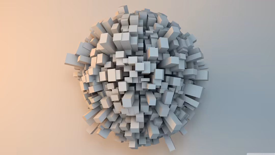 Abstract spherical form composed of protruding grey and white cubic blocks with dramatic warm and cool lighting creating dime