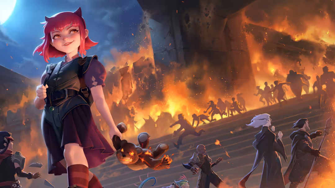 Anime character with red hair in tactical gear standing before fiery battle scene with warriors and flames in background