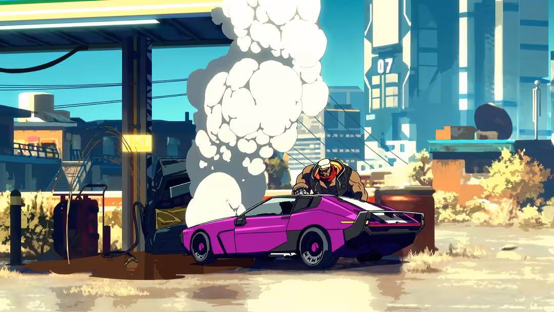 Cyberpunk illustration of a neon pink car parked in a desert cityscape with massive explosion clouds and futuristic buildings