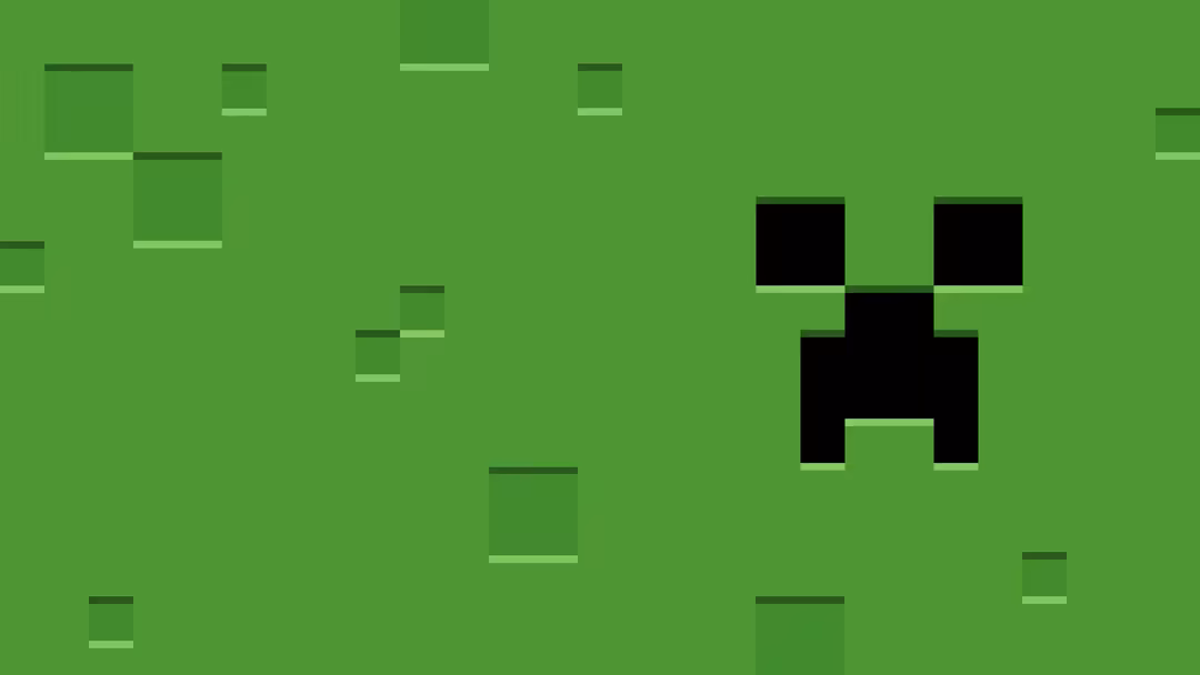 Classic Minecraft creeper character with its distinctive black blocky face centered against a bright green background with sc
