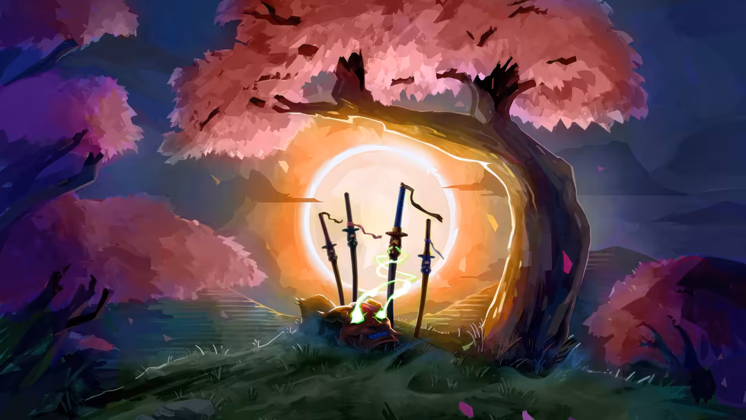 Artistic illustration of a warrior with glowing weapons under a massive luminous moon surrounded by vibrant pink cherry bloss