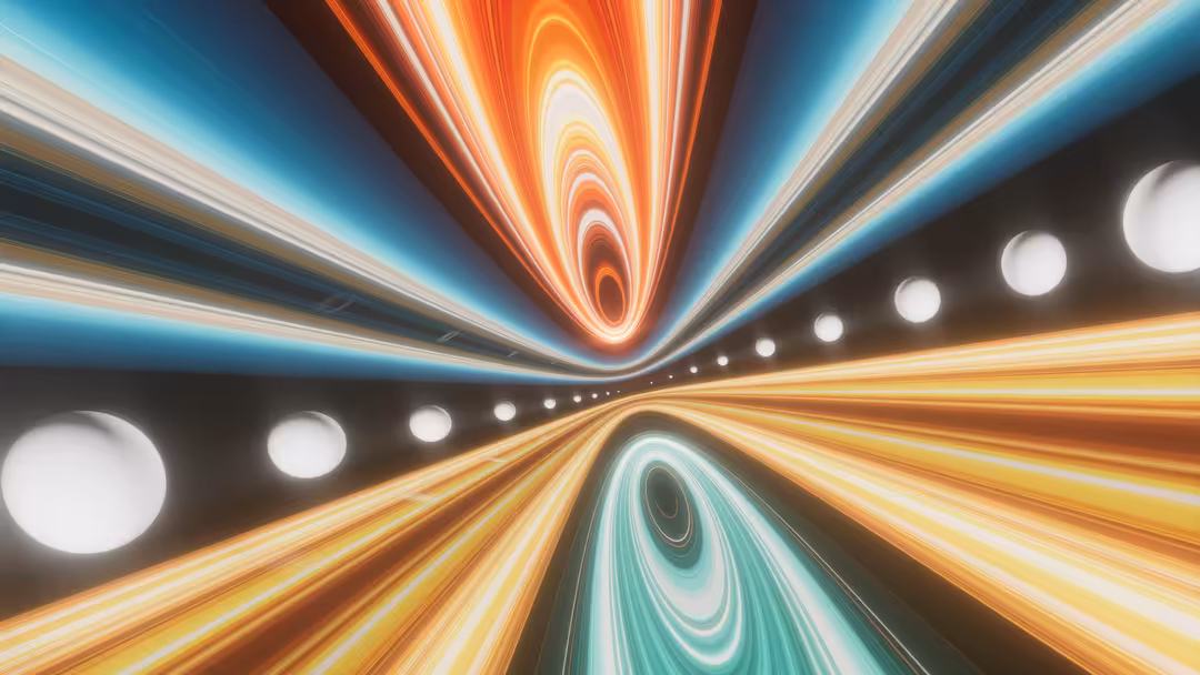 Abstract futuristic tunnel with vibrant neon orange and cyan light trails converging toward center with glowing orbs